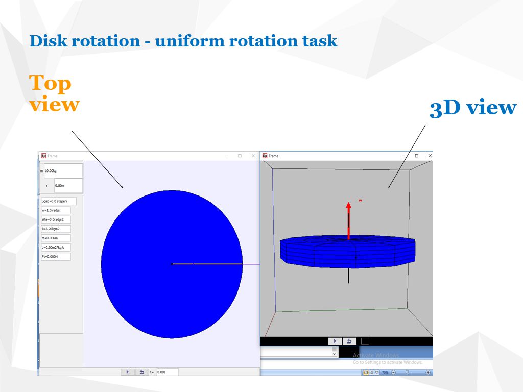 Side-by-side 2D top view and 3D perspective of a uniformly rotating disc