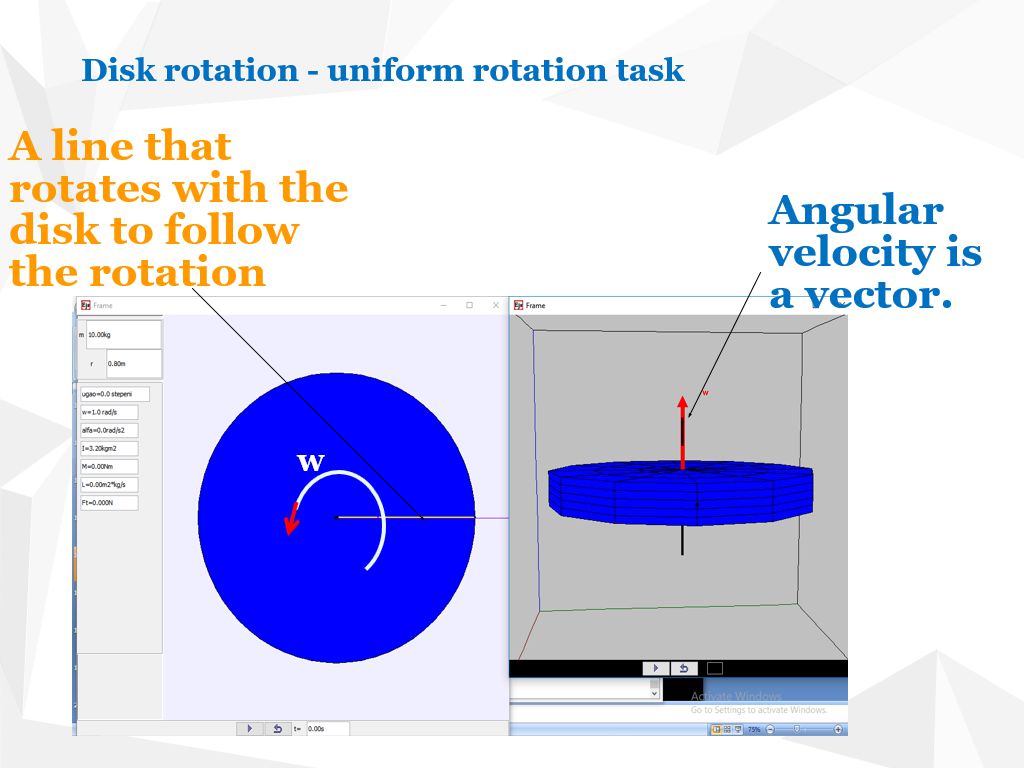 Disc with a radial marker and its tangential velocity vector