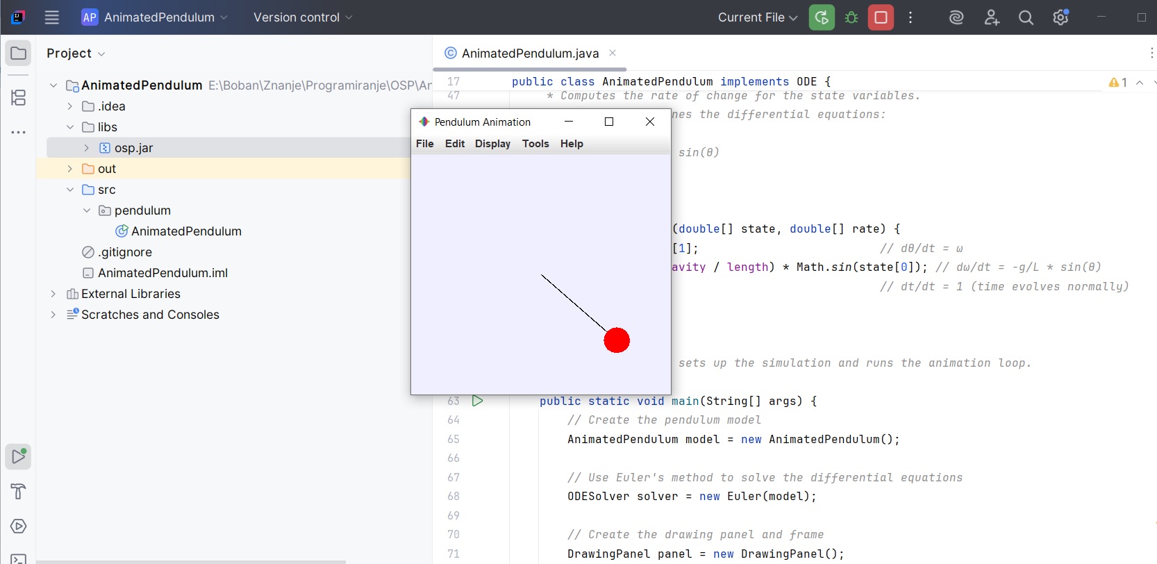 Mathematical pendulum animation with source code